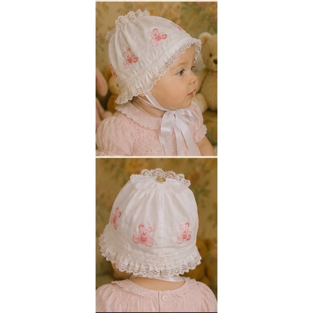 Feltman Bros Vtg Baby Bonnet White Pink embroidered Teddy Bear Lace Ribbon Tie